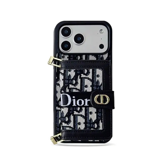 Dior Leather iPhone Case With Card Wallet And Strap For iPhone 17 / 16 / 15 / 14