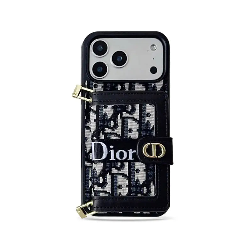 Dior Leather Phone Case with Card Wallet and Strap For iPhone12-18 Series