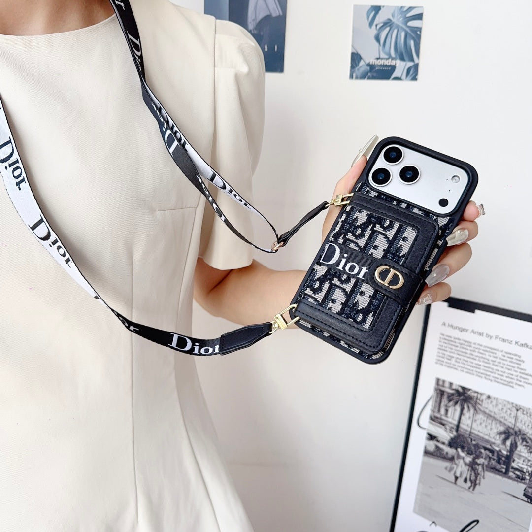 Dior Leather Phone Case with Card Wallet and Strap For iPhone12-18 Series