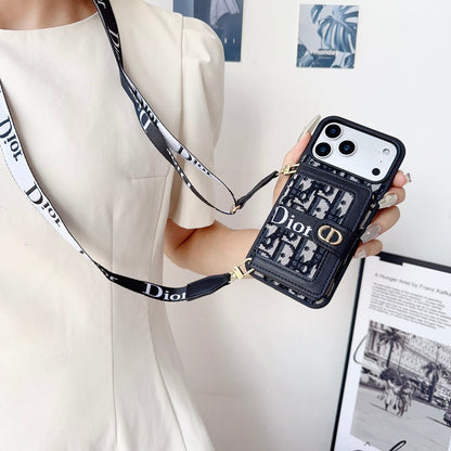 Dior Leather Phone Case with Card Wallet and Strap For iPhone12-18 Series