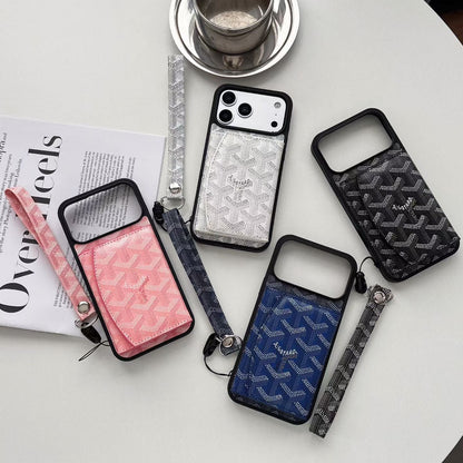 Luxury GYD Pattern Tri-Fold Wallet Phone Case with Matching Wristlet Strap for iPhone12-18 Pro & Pro Max
