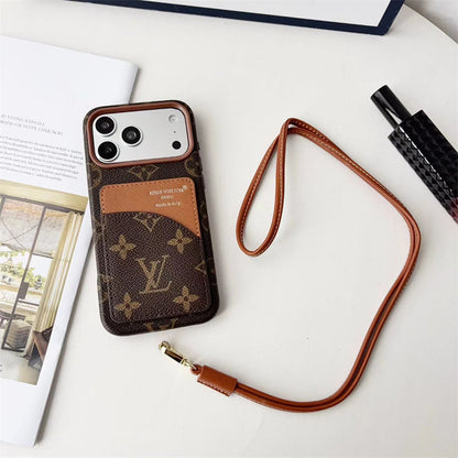 Luxury Monogram Cardholder Phone Case with Lanyard Strap For iPhone 13-18 Pro & Pro Max