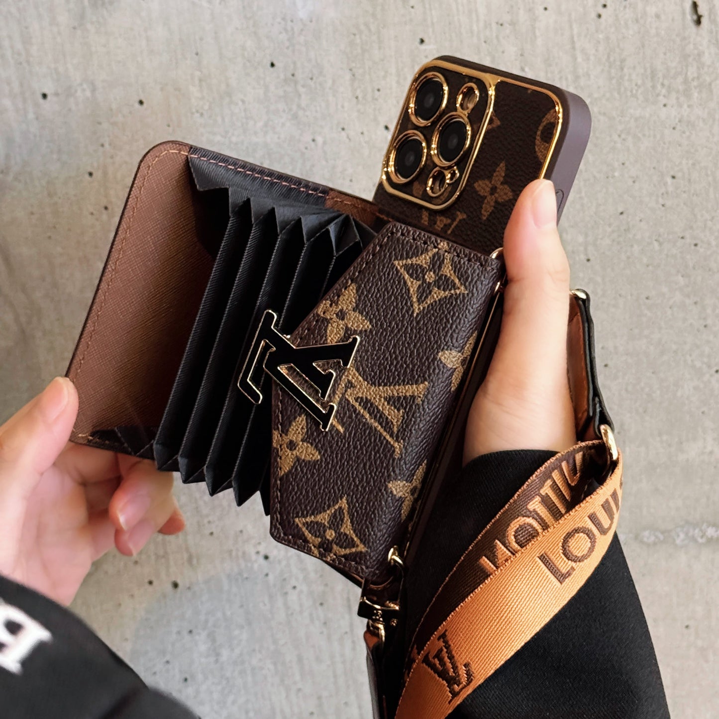 Premium Leather Monogram iPhone Case With Wallet And Crossbody Strap