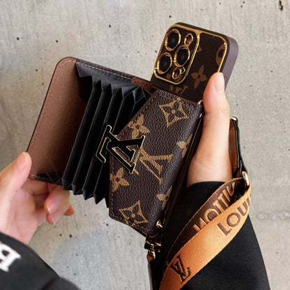 Premium Leather Monogram iPhone Case With Wallet And Crossbody Strap