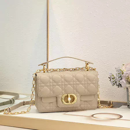 Quilted leather bag with flap closure - Gold chain crossbody bag with pearl clasp