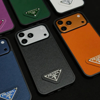 Premium Saffiano Leather Case with Metallic Badge for iPhone 12-17 Series