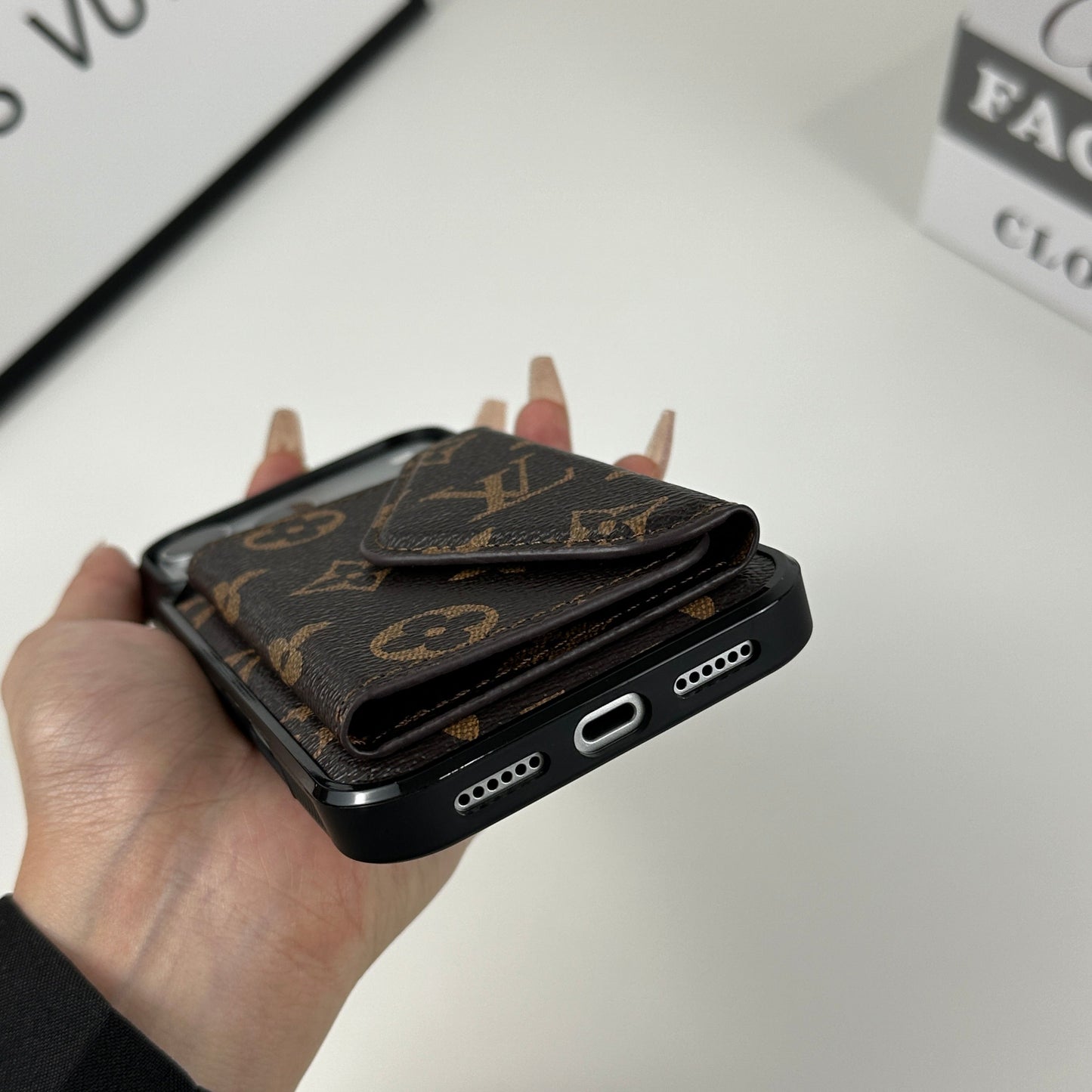 Classic Leather Monogram iPhone Case With Wallet Big Printing