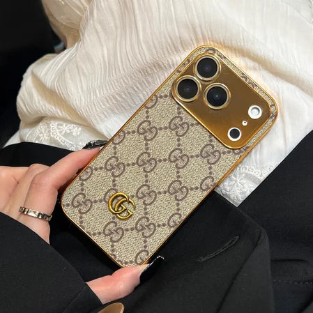 Elite Monogram Leather-Texture iPhone Case with Gold Accents