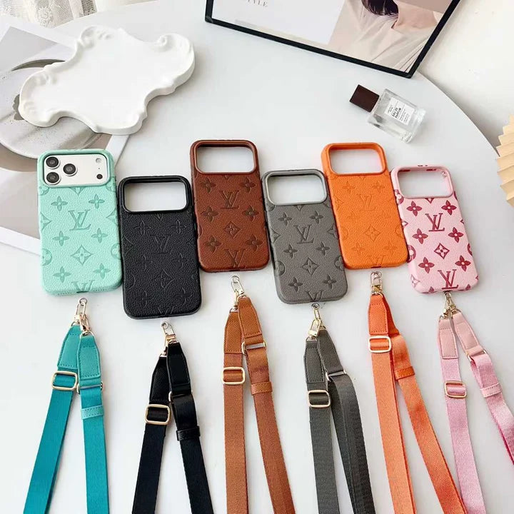 Luxury LV Leather Case with Designer Crossbody Strap for iPhone 13-18 Pro & Pro Max