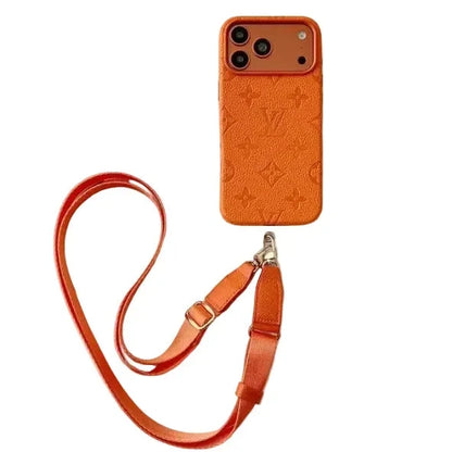 Luxury LV Leather Case with Designer Crossbody Strap for iPhone 13-18 Pro & Pro Max