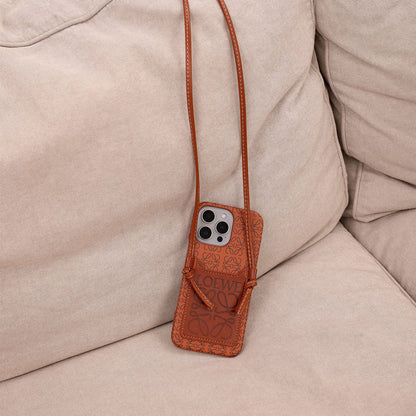 LW Monogram Embossed Leather Wallet Case with Knotted Crossbody Strap for iPhone 12-18 Pro & Pro Max