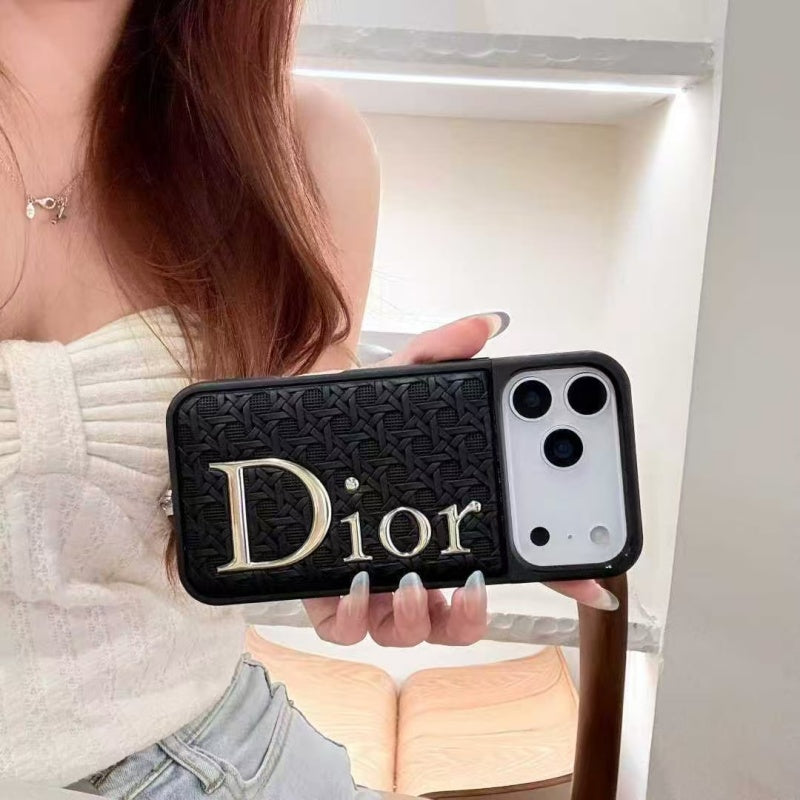 Luxury Cannage Weave iPhone Case with Gold Dior Emblem