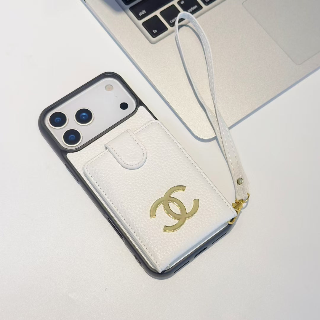 Premium Chanel Leather Phone Case with Strap for iPhone Case