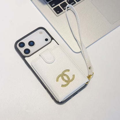 Premium Chanel Leather Phone Case with Strap for iPhone Case