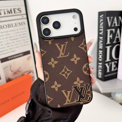 Luxury LV Leathe with Black Logo Phone Case for iPhone 12-18 Pro & Pro Max