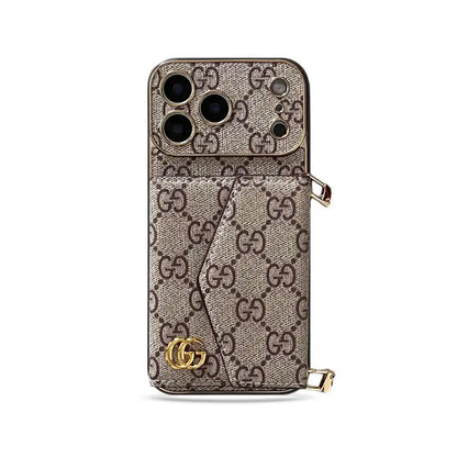 GG Premium Leather Wallet Case with Crossbody Strap for iPhone 12-18