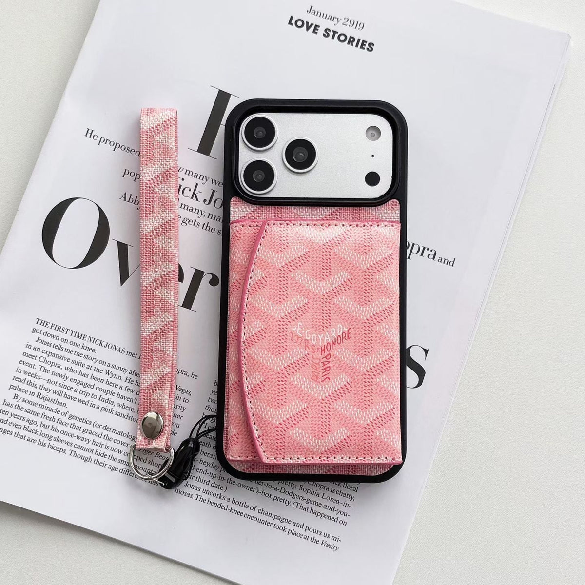 Luxury GYD Pattern Tri-Fold Wallet Phone Case with Matching Wristlet Strap for iPhone12-18 Pro & Pro Max