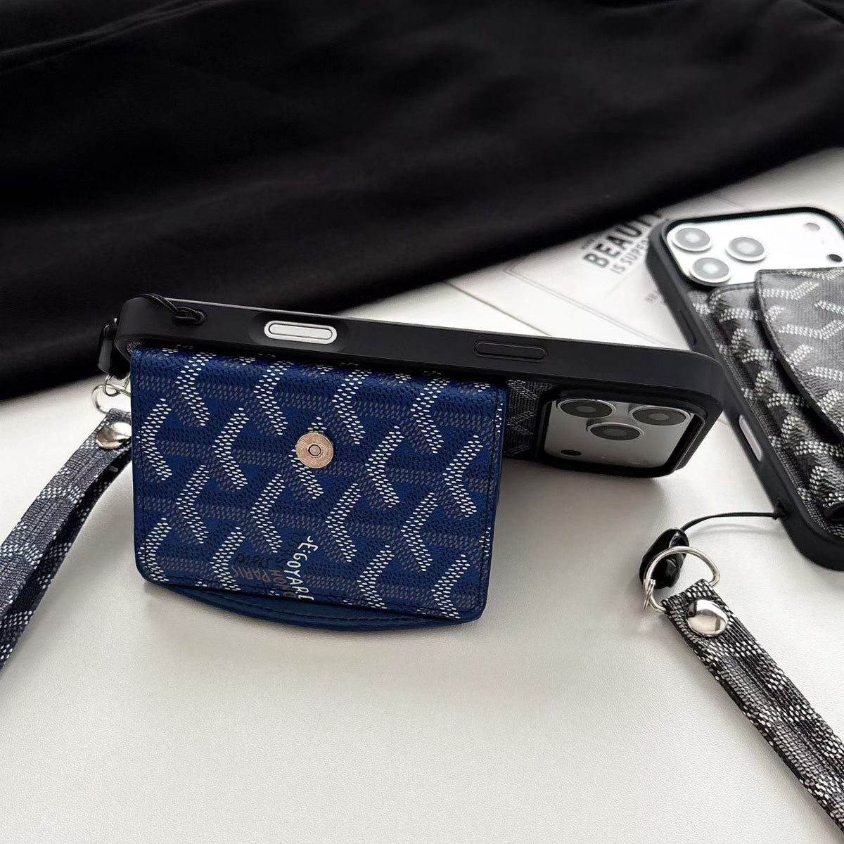 Luxury GYD Pattern Tri-Fold Wallet Phone Case with Matching Wristlet Strap for iPhone12-18 Pro & Pro Max