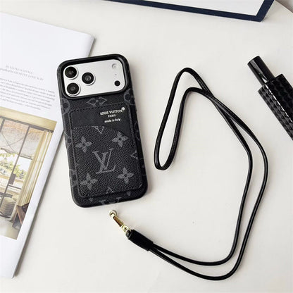 Luxury Monogram Cardholder Phone Case with Lanyard Strap For iPhone 13-18 Pro & Pro Max
