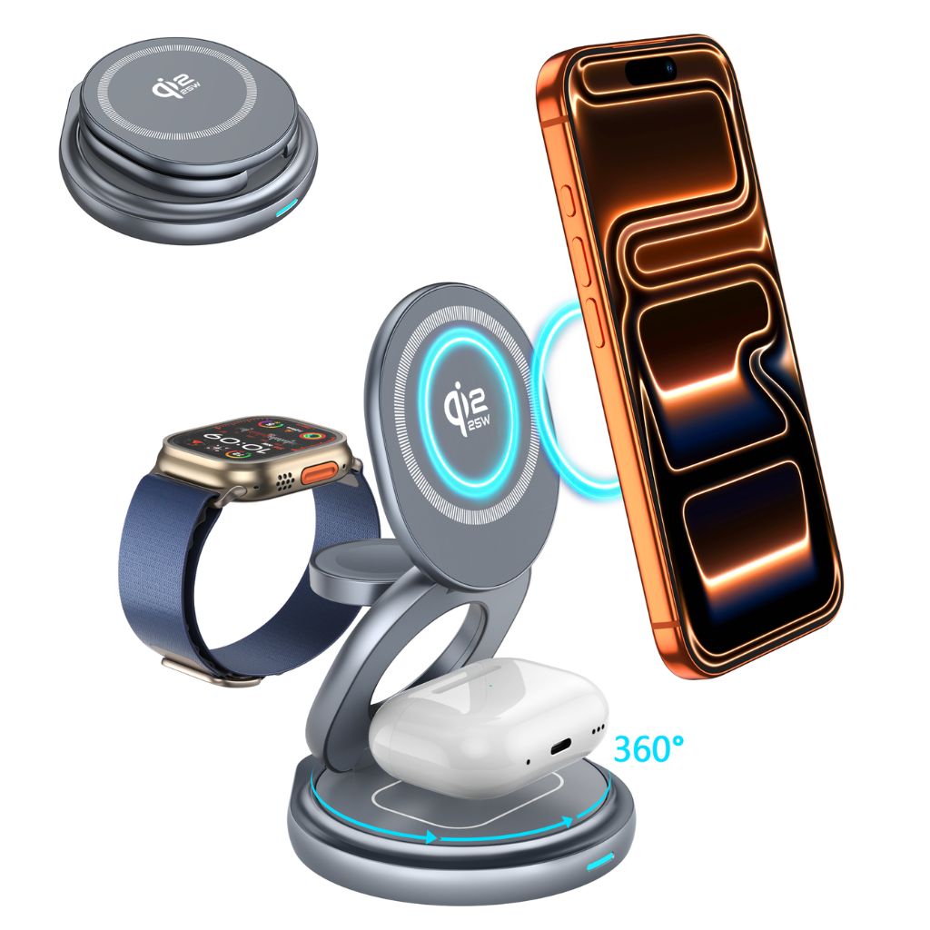 3-in-1 Foldable 25W Qi2 Magnetic Wireless Charging Station
