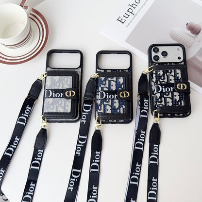 Dior Leather Phone Case with Card Wallet and Strap For iPhone12-18 Series