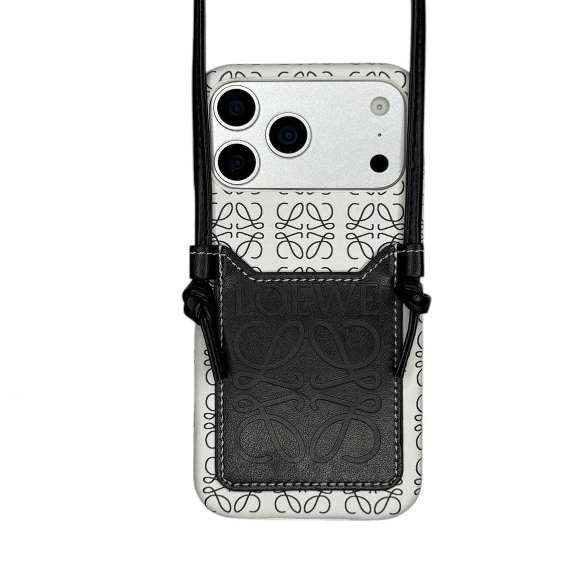 LW Monogram Embossed Leather Wallet Case with Knotted Crossbody Strap for iPhone 12-18 Pro & Pro Max
