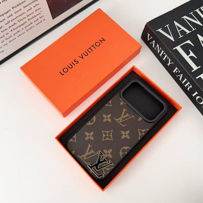 Luxury LV Leathe with Black Logo Phone Case for iPhone 12-18 Pro & Pro Max