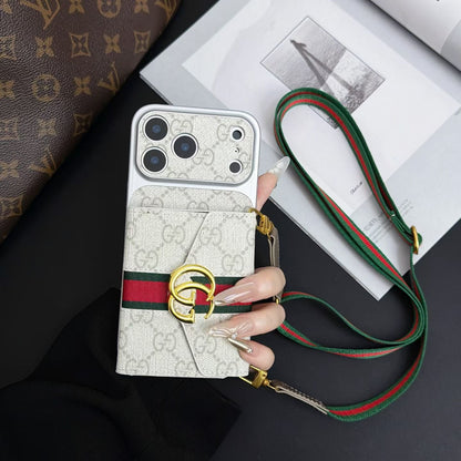 Luxury GG Supreme Monogram Wallet iPhone Case with Crossbody Lanyard Strap