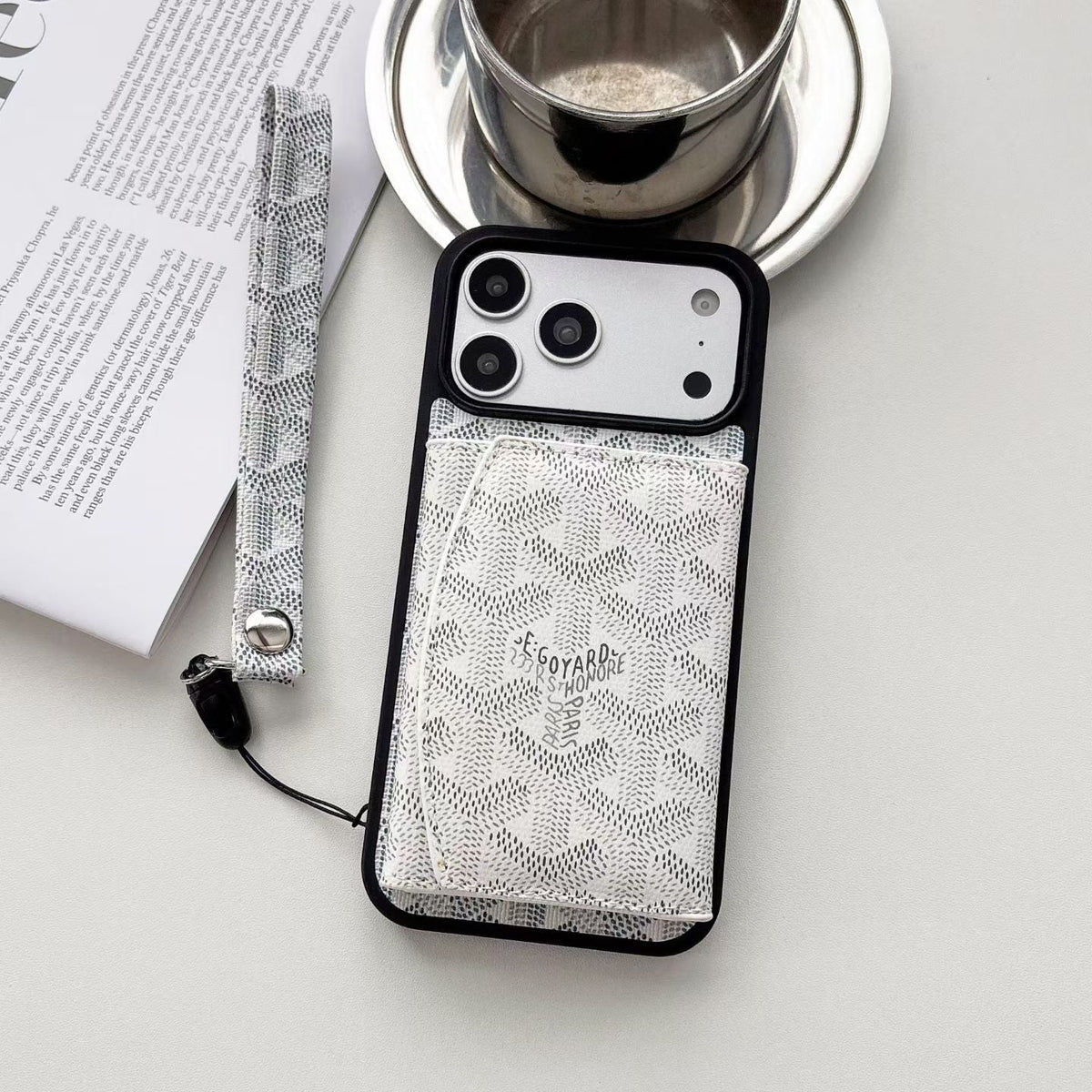 Luxury GYD Pattern Tri-Fold Wallet Phone Case with Matching Wristlet Strap for iPhone12-18 Pro & Pro Max