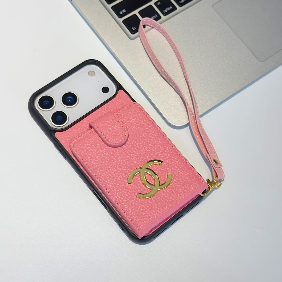 Premium Chanel Leather Phone Case with Strap for iPhone Case