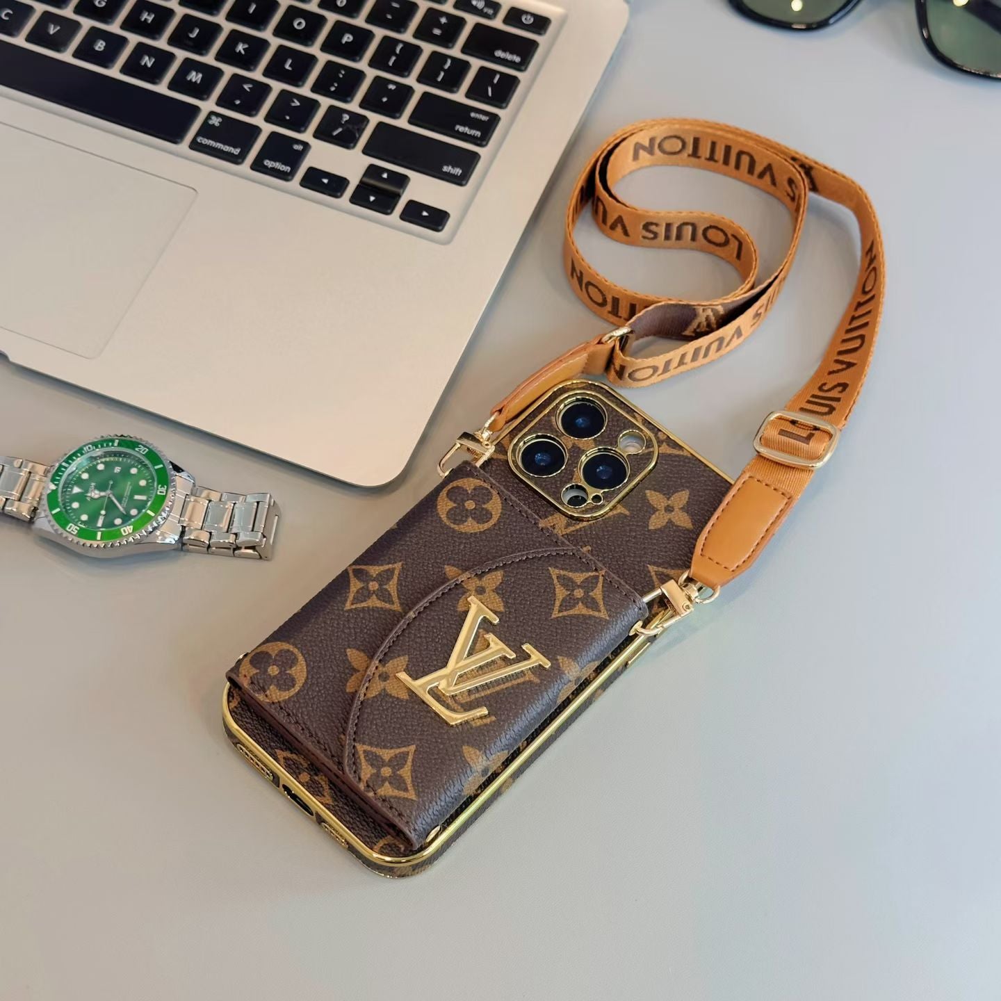 Luxury Crossbody Wallet iPhone Case | Designer Logo Card Holder with Adjustable Lanyard