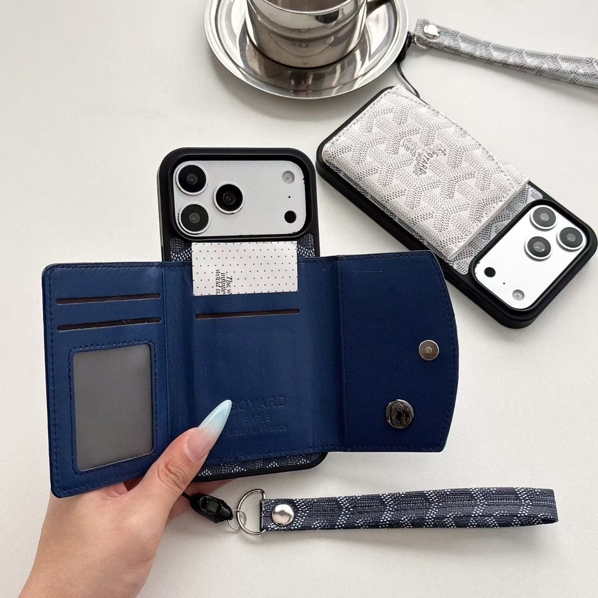 Luxury GYD Pattern Tri-Fold Wallet Phone Case with Matching Wristlet Strap for iPhone12-18 Pro & Pro Max