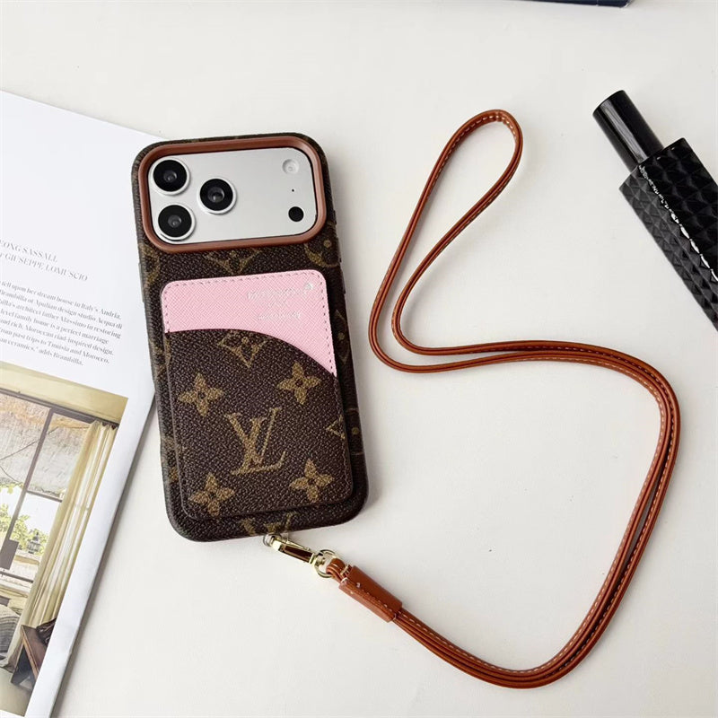 Luxury Monogram Cardholder Phone Case with Lanyard Strap For iPhone 13-18 Pro & Pro Max