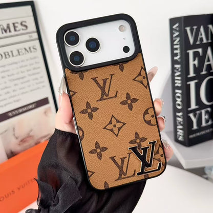 Luxury LV Leathe with Black Logo Phone Case for iPhone 12-18 Pro & Pro Max
