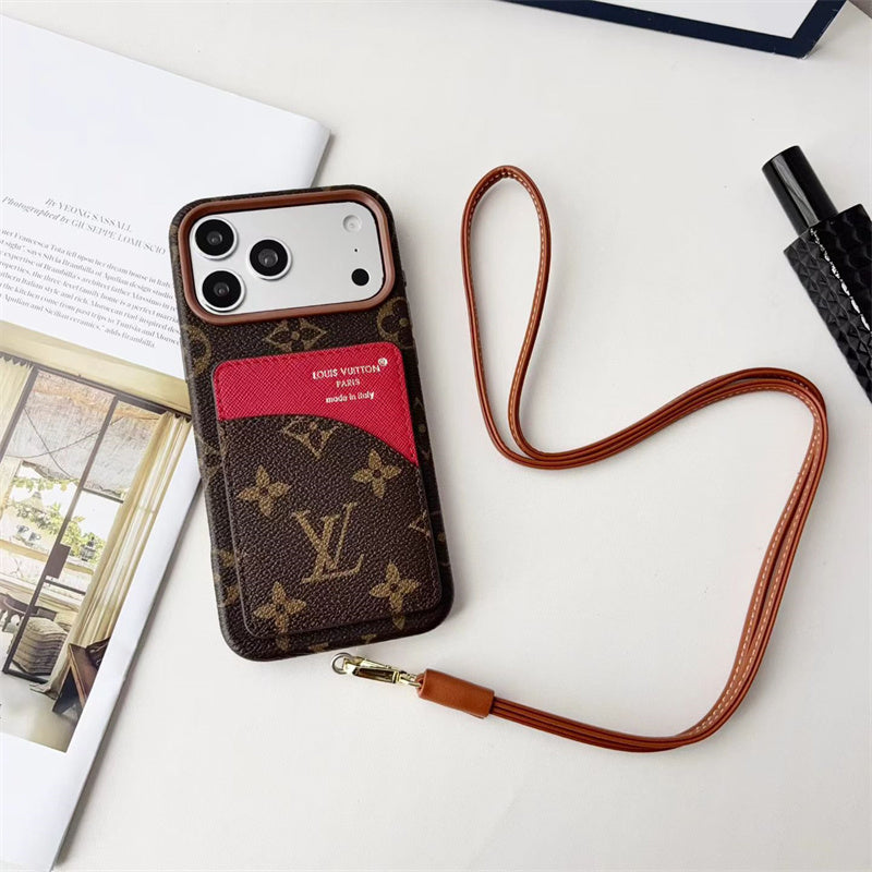 Luxury Monogram Cardholder Phone Case with Lanyard Strap For iPhone 13-18 Pro & Pro Max