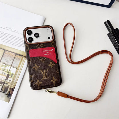 Luxury Monogram Cardholder Phone Case with Lanyard Strap For iPhone 13-18