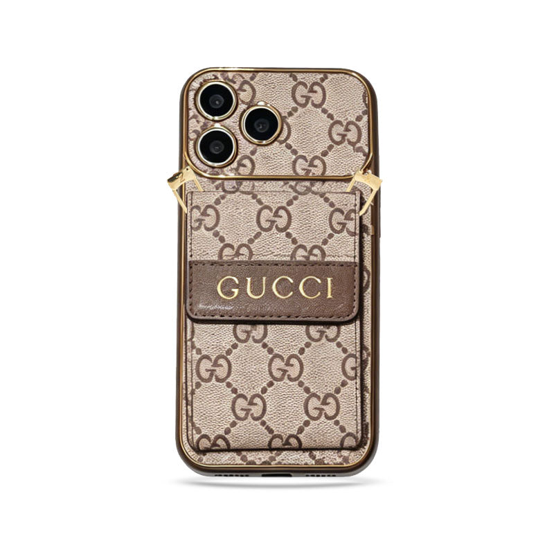Premium GG Leather Card Holder Case with Strap for iPhone 12-18