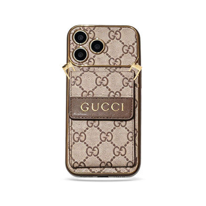 Premium GG Leather Card Holder Case with Strap for iPhone 12-18