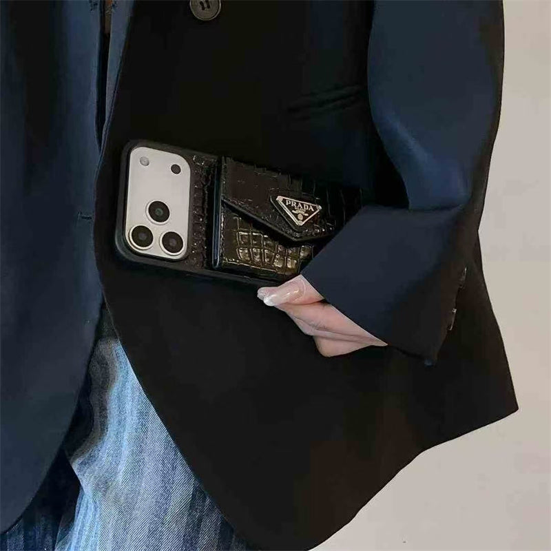 Elegant Prada Apple Phone Case with Card Holder For iPhone 12-18 Pro & Pro Max