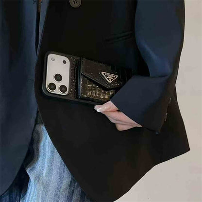 Elegant Prada Apple Phone Case with Card Holder For iPhone 12-18 Pro & Pro Max