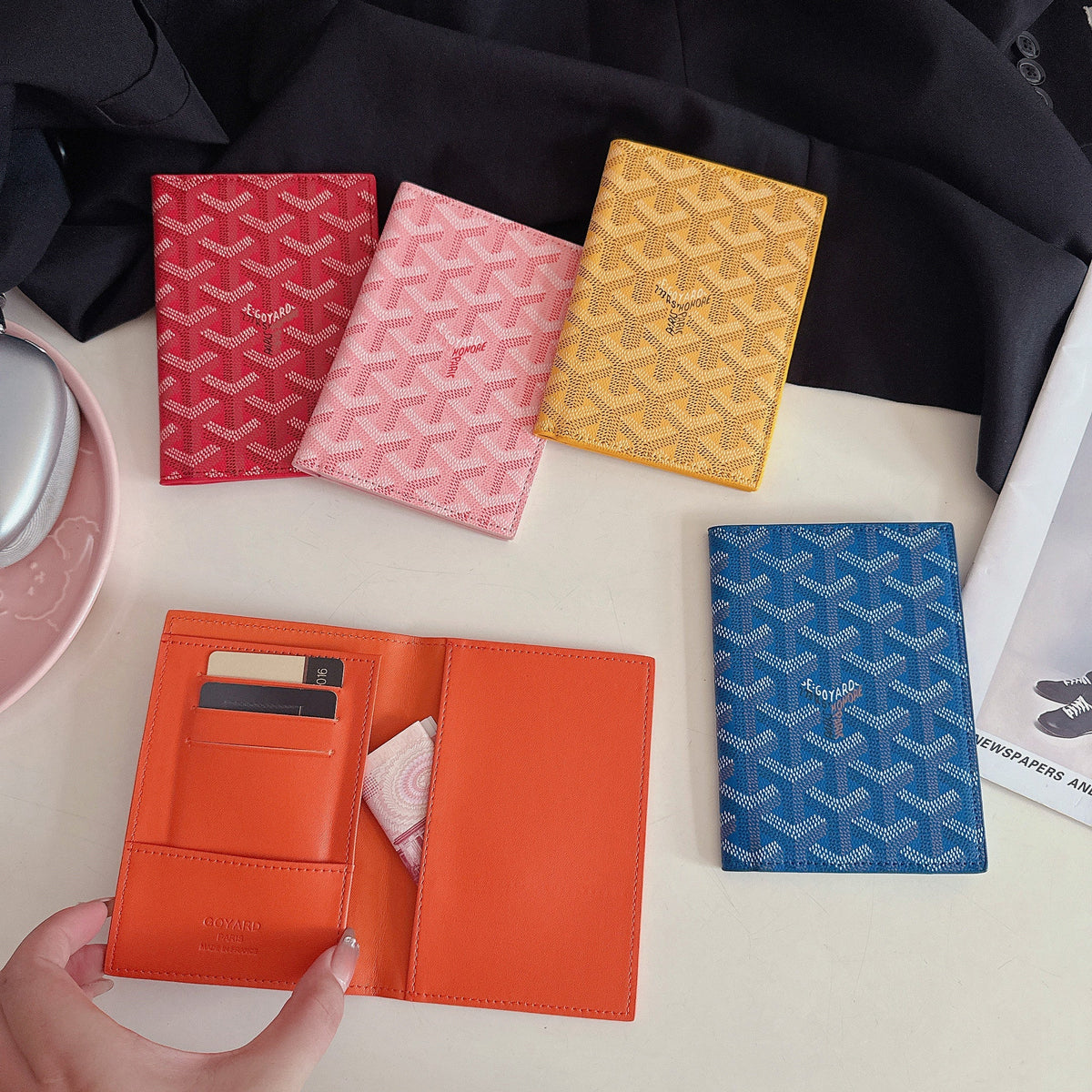 Elegant Goyardine Canvas Passport & Card Covers
