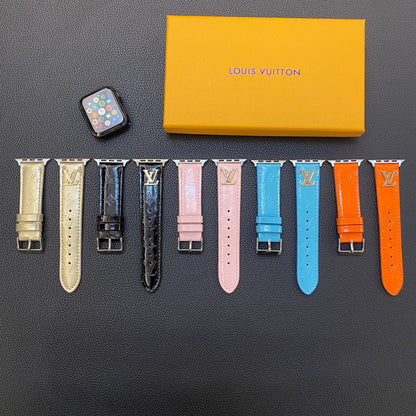 GLOSSY LEATHER APPLE WATCH STRAP LUXURY METAL LOGO Roxy New 2