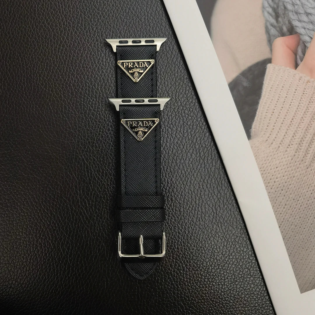 Classic Double Triangle Monogram Label Leather Apple Watch Band