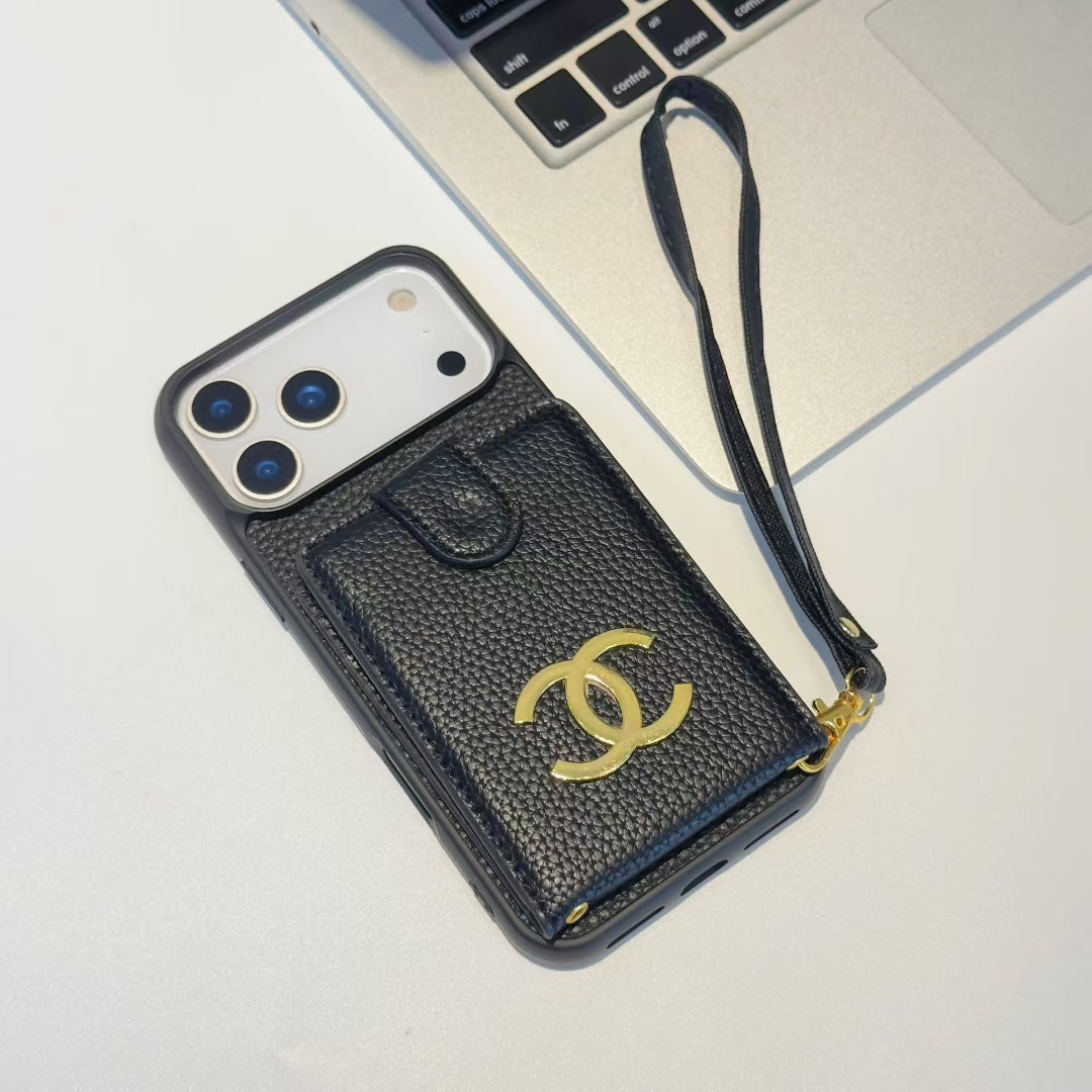 Premium Chanel Leather Phone Case with Strap for iPhone Case