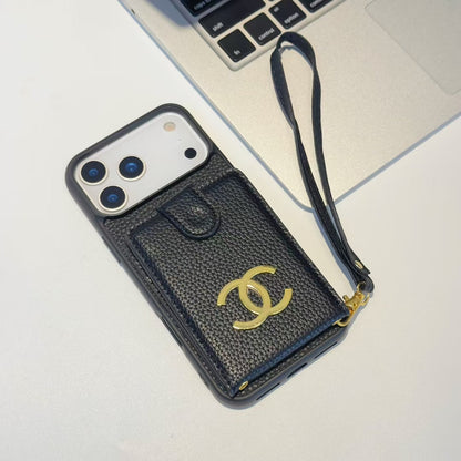 Premium Chanel Leather Phone Case with Strap for iPhone Case