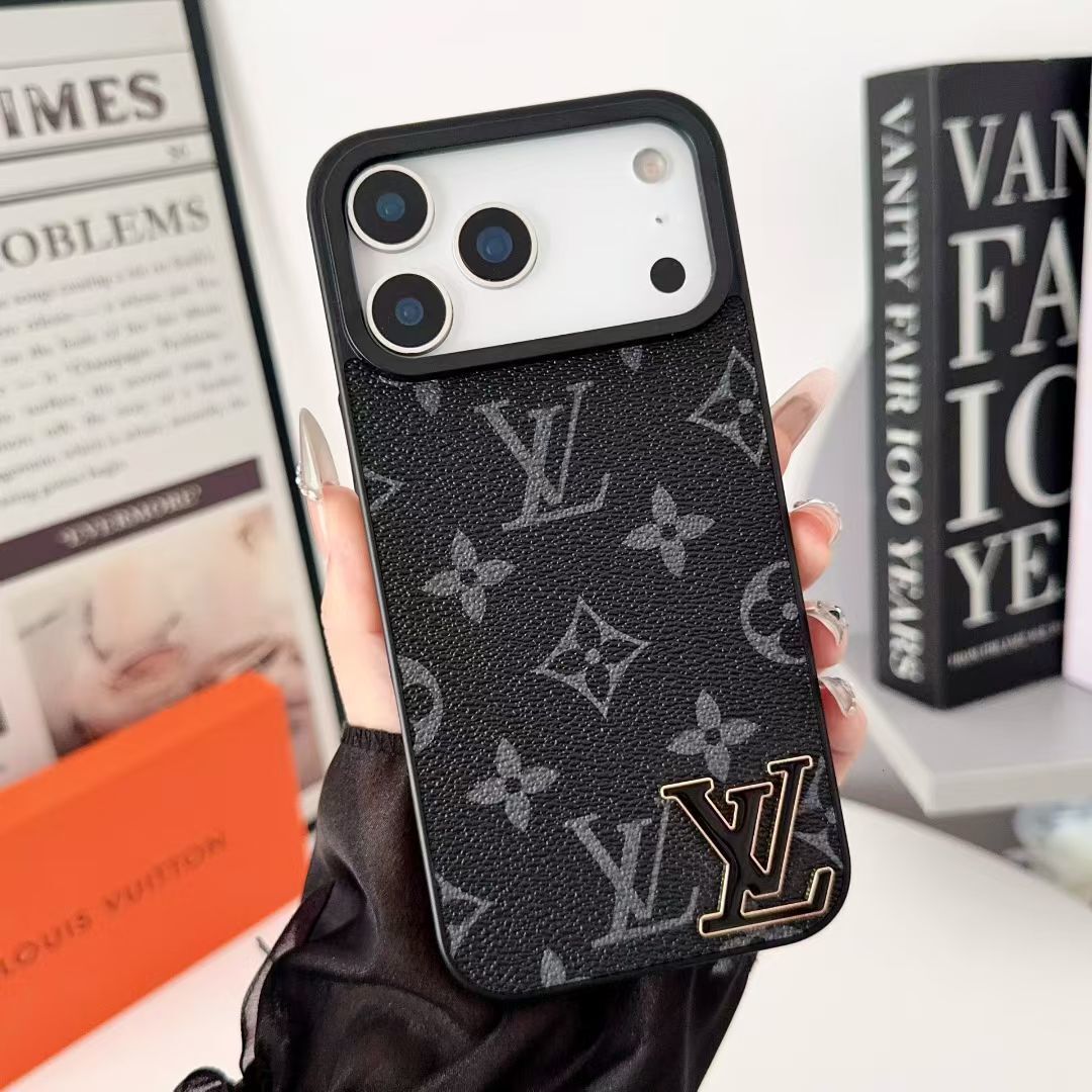 Luxury LV Leathe with Black Logo Phone Case for iPhone 12-18 Pro & Pro Max