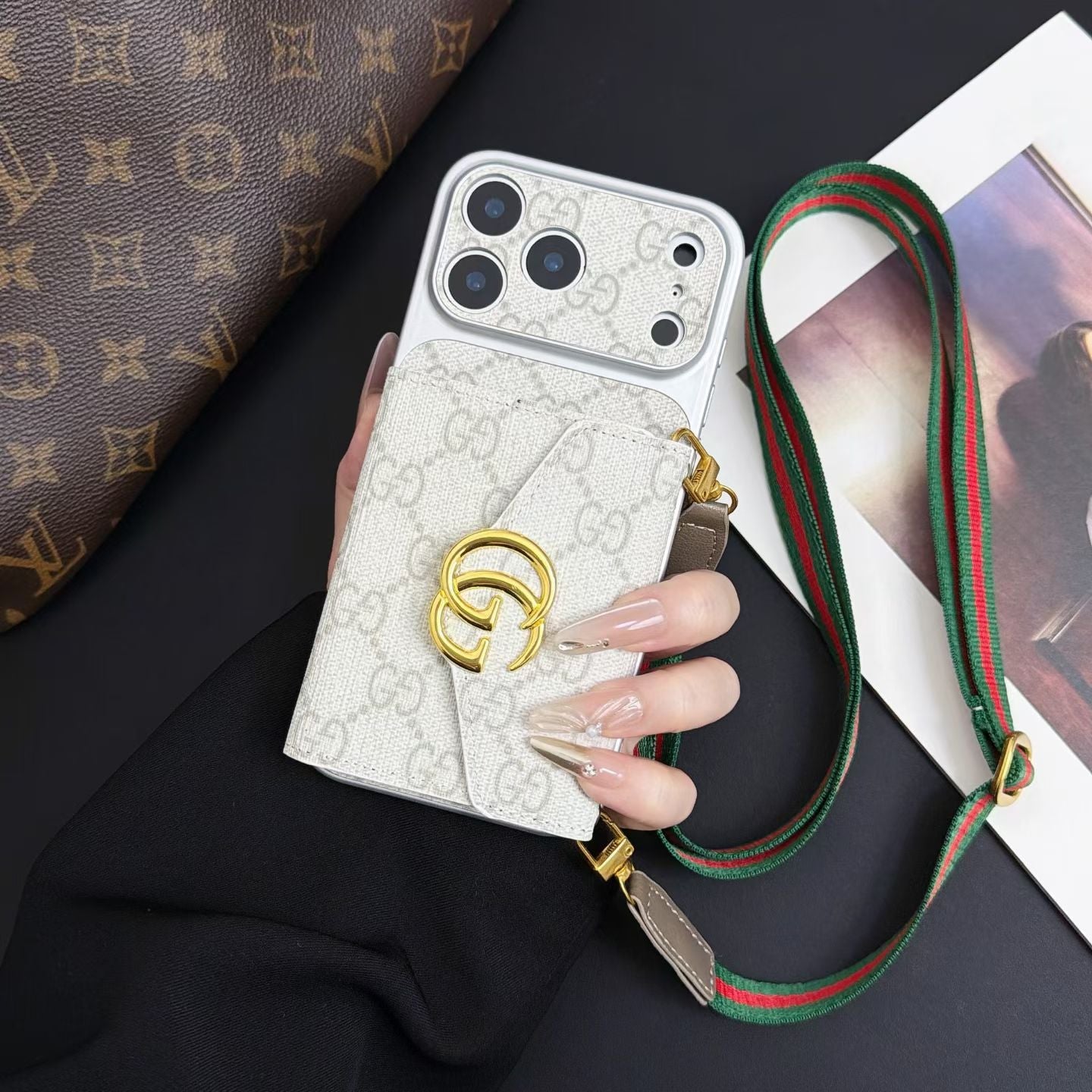 Luxury GG Supreme Monogram Wallet iPhone Case with Crossbody Lanyard Strap