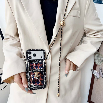 Luxury Tweed Designer Phone Case Classic Purse Style with Scarf Chain