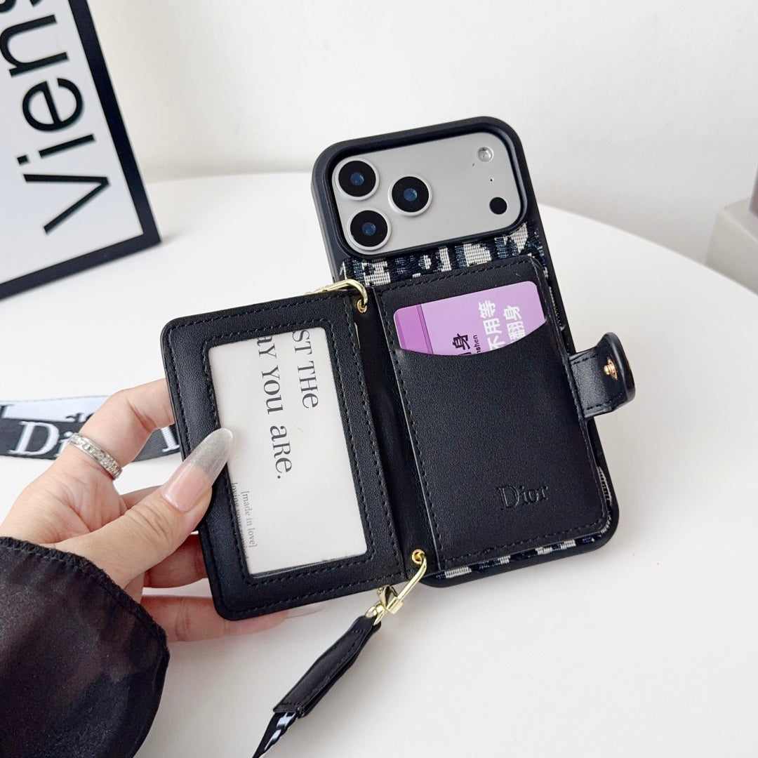 Dior Leather Phone Case with Card Wallet and Strap For iPhone12-18 Series