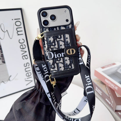 Dior Leather iPhone Case With Card Wallet And Strap For iPhone 17 / 16 / 15 / 14